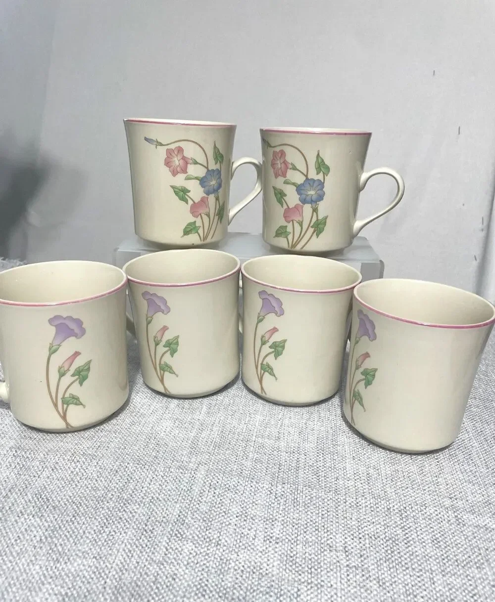 STONE WARE PRIMAVERA 8495 VINTAGE Pingk & Blue Floral‎ COFFEE MUGS SET/6 cups